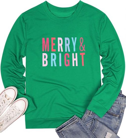 Christmas T-Shirt Women Merry Bright Colorful Letter Printed Sweatshirt Casual Long Sleeve Round Neck Pullover Tops Suit for daily life, Fabric: 95% polyester and 5% spandex, Regular fit, Stitch Color: automatically matched based on patterns