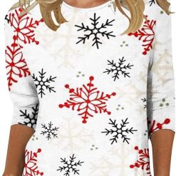 Christmas Tees,T Shirts for Women Loose Fit Women's Fashion Christmas Print Casual Long Sleeve Round Neck T-Shirt Top Christmas Outdoor Plus Size Graphic Tees for Women Womens Suit for daily life, Fabric: 95% polyester and 5% spandex, Regular fit, Stitch Color: automatically matched based on patterns