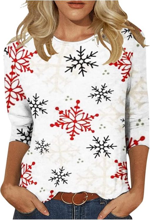 Christmas Tees,T Shirts for Women Loose Fit Women's Fashion Christmas Print Casual Long Sleeve Round Neck T-Shirt Top Christmas Outdoor Plus Size Graphic Tees for Women Womens Suit for daily life, Fabric: 95% polyester and 5% spandex, Regular fit, Stitch Color: automatically matched based on patterns