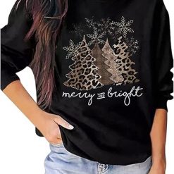 Leopard Christmas Tree Snowflake Merry and Bright Sweatshirt Womens Xmas Holiday Funny Letter Print Pullover T Shirt Top Suit for daily life, Fabric: 95% polyester and 5% spandex, Regular fit, Stitch Color: automatically matched based on patterns