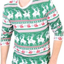 Reindeers & Rabbits Pattern Long Sleeve Ugly Christmas T-Shirt Suit for daily life, Fabric: 95% polyester and 5% spandex, Regular fit, Stitch Color: automatically matched based on patterns