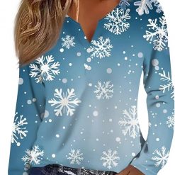 Women's V Neck 2024 Tshirt Loose Long Sleeve Tops Comfy Slim Christmas Prints Blouse Daily Button Dressy Tunic Suit for daily life, Fabric: 95% polyester and 5% spandex, Regular fit, Stitch Color: automatically matched based on patterns