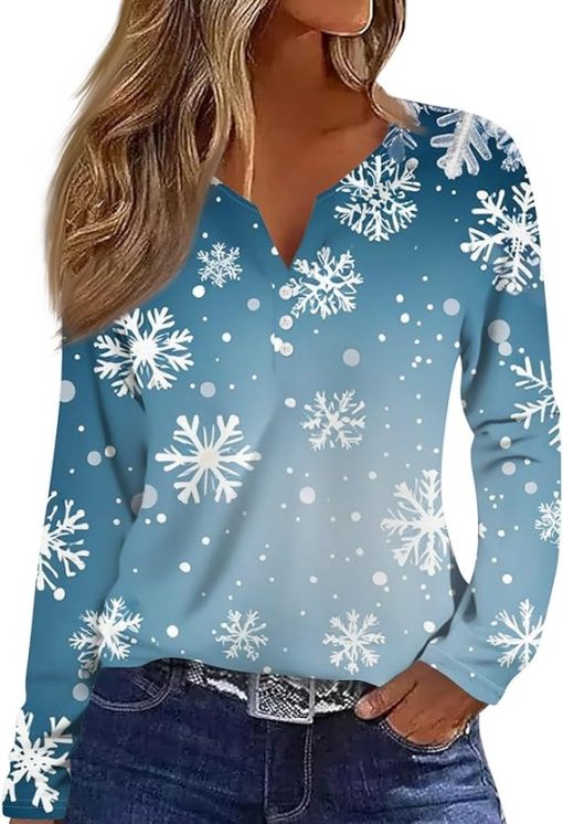 Women's V Neck 2024 Tshirt Loose Long Sleeve Tops Comfy Slim Christmas Prints Blouse Daily Button Dressy Tunic Suit for daily life, Fabric: 95% polyester and 5% spandex, Regular fit, Stitch Color: automatically matched based on patterns