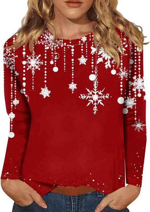 Womens Christmas T Shirts,Christmas Women Tops 2024 Xmas Long Sleeve Tee Shirts Women Winter Fashion Holiday Outfits Suit for daily life, Fabric: 95% polyester and 5% spandex, Regular fit, Stitch Color: automatically matched based on patterns